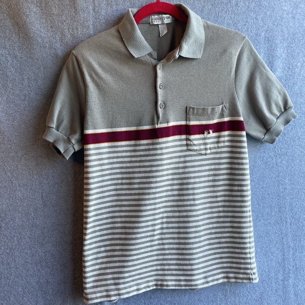 Hang Ten Striped Polo Shirt Mens Medium Tan Pocket Single Stitch Vintage Retro